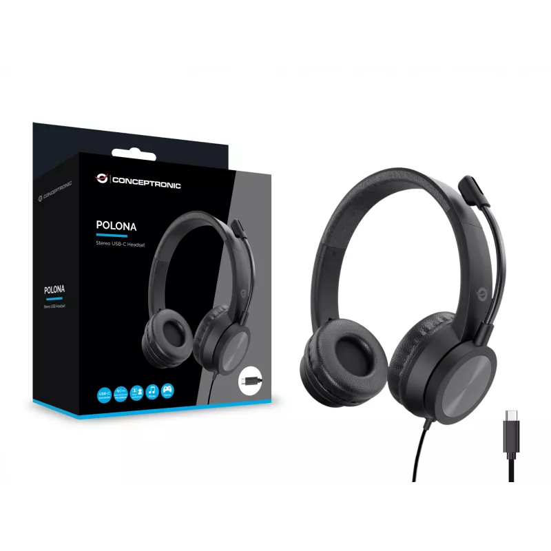 Headset CONCEPTRONIC POLONA05BC — Stereo USB-C, Geräuschunterdrückendes Mikrofon, Ohraufliegend, 2 m Kabel, 20–22000 Hz, Schwarz