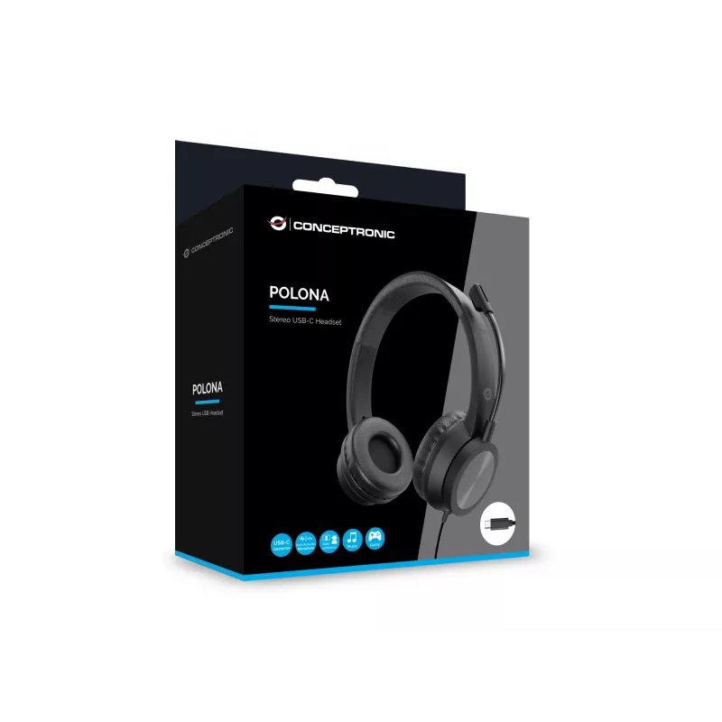 Headset CONCEPTRONIC POLONA05BC — Stereo USB-C, Geräuschunterdrückendes Mikrofon, Ohraufliegend, 2 m Kabel, 20–22000 Hz, Schwarz