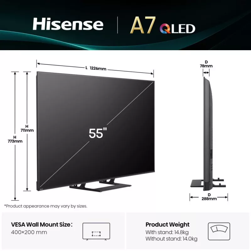 Hisense A7Q 55A7Q 139,7 cm (55 Zoll) 4K Ultra HD Smart-TV Wi-Fi Schwarz