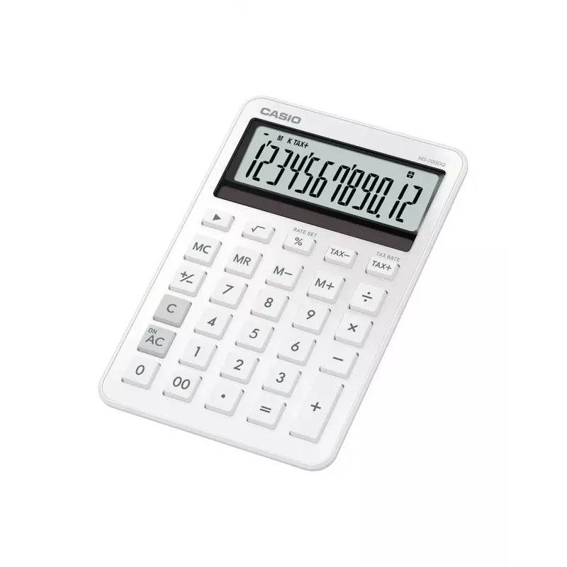 Desktop-Basisrechner CASIO MS-200DQ 12-stellig, Batterie/Solar, Steuer- und Gewinnfunktionen, weiß