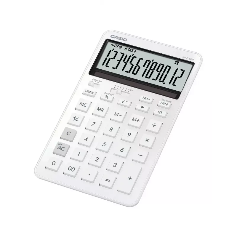 Tischrechner CASIO JW-200DQ 12-stelliger Basisrechner, Batterie/Solar, Steuer- und Gewinnfunktionen, weiß