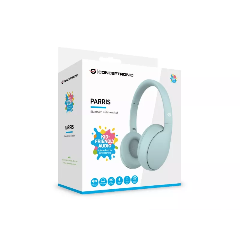 Headset CONCEPTRONIC PARRIS04B — Bluetooth- & Kabel-Kinderkopfhörer, ohrumschließend, 20–20.000 Hz, 170 g, Hellblau