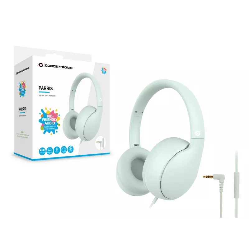 CONCEPTRONIC Kinder-Kabelkopfhörer PARRIS04GT — 3,5 mm, ohrumschließend, 20–20000 Hz, 1,6 m Kabel, hellgrün