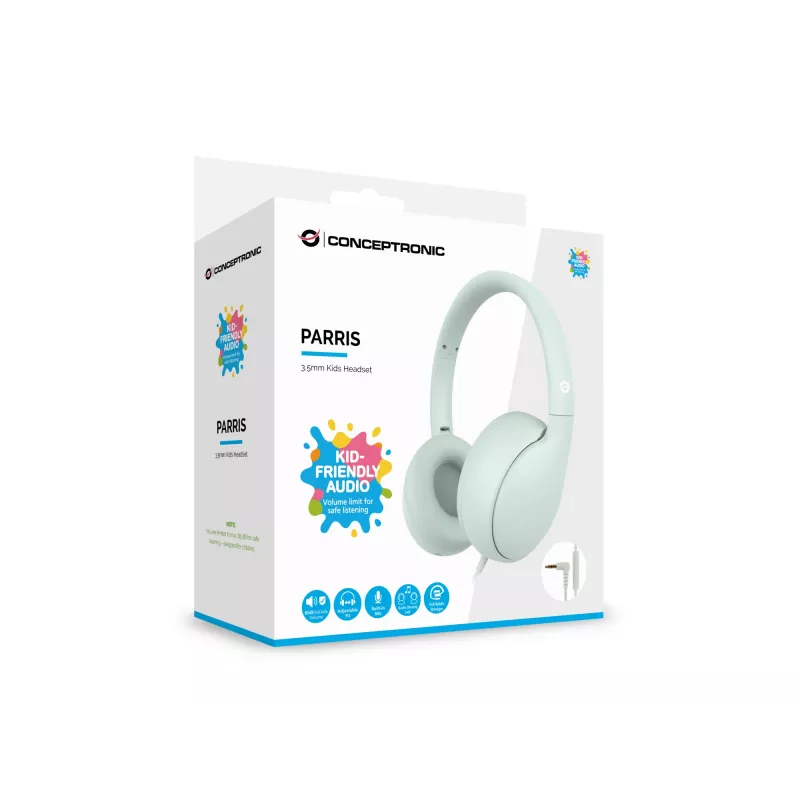CONCEPTRONIC Kinder-Kabelkopfhörer PARRIS04GT — 3,5 mm, ohrumschließend, 20–20000 Hz, 1,6 m Kabel, hellgrün