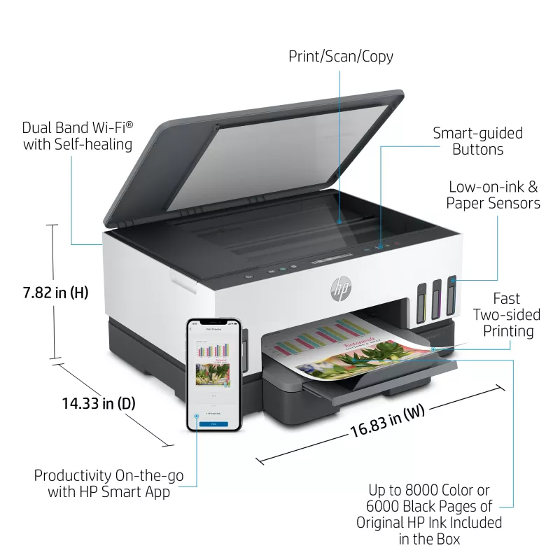 HP Smart Tank Drucker, Thermotintenstrahl, Farbdruck, 4800 x 1200 DPI, A4, Direktdruck, Grau