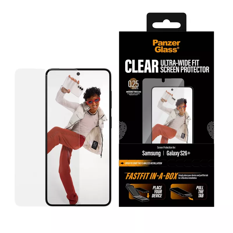 Displayschutzfolie PanzerGlass für Samsung New Galaxy S 2026 Plus — Ultra‑Wide Fit, PET+Silicone, FASTFIT