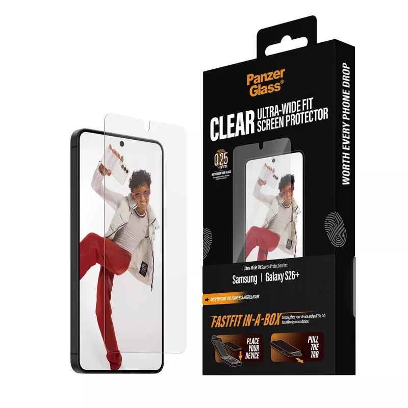 Displayschutzfolie PanzerGlass für Samsung New Galaxy S 2026 Plus — Ultra‑Wide Fit, PET+Silicone, FASTFIT