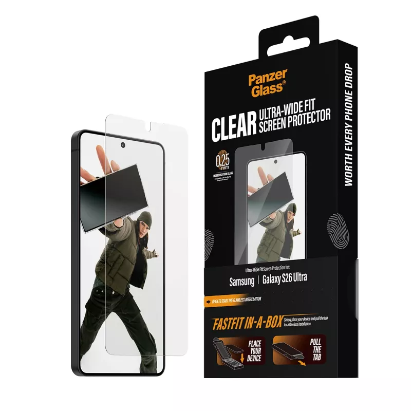 Bildschirmschutz PanzerGlass für Samsung New Galaxy S2026 Ultra — Ultra-Weitwinkel-PET-Folie, FASTFIT, transparent