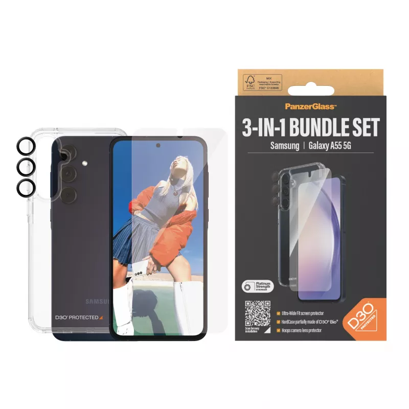 Bildschirmschutz-Set PanzerGlass 3-in-1 für Samsung Galaxy A55 5G – Ultra-Wide Fit, EasyAligner, gehärtetes Glas/PET