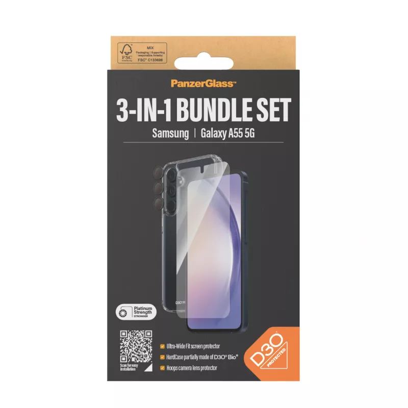 Bildschirmschutz-Set PanzerGlass 3-in-1 für Samsung Galaxy A55 5G – Ultra-Wide Fit, EasyAligner, gehärtetes Glas/PET