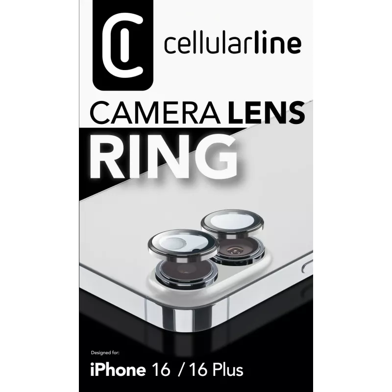 Cellularline Kamera-Linsenring - iPhone 16/16 Plus Gehärtetes Glas für Kamerataschutz