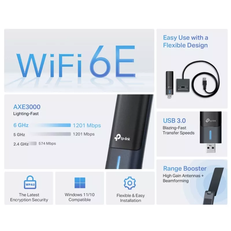 TP-Link Archer AXE3000 Wi-Fi 6E High Gain Wireless USB Adapter
