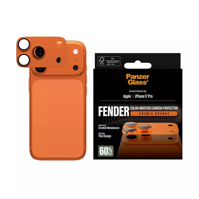 Kameraschutz PanzerGlass Fender für iPhone 17 Pro — Silikon, Cosmic Orange, kratz- und stoßfest