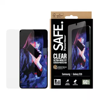 Bildschirmschutz PanzerGlass SAFE by für Samsung New Galaxy S 2026 — Ultra-Weitwinkel-Passform, PET+Silikon, Transparent