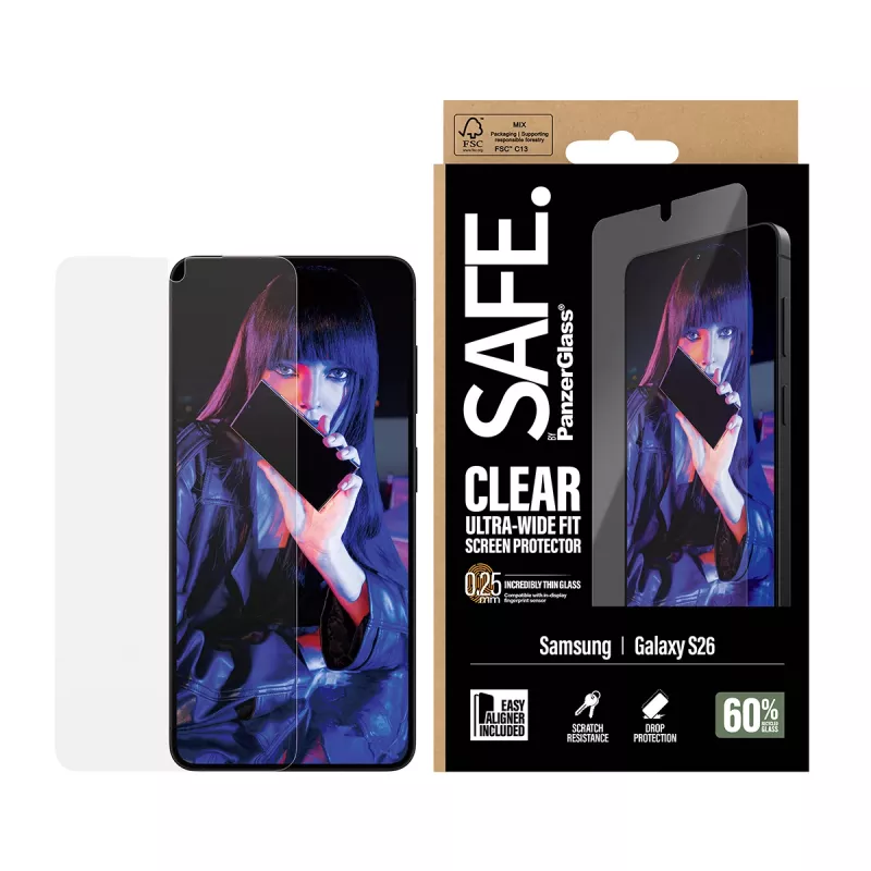 Bildschirmschutz PanzerGlass SAFE by für Samsung New Galaxy S 2026 — Ultra-Weitwinkel-Passform, PET+Silikon, Transparent