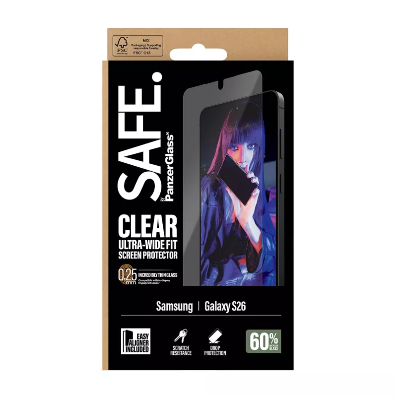 Bildschirmschutz PanzerGlass SAFE by für Samsung New Galaxy S 2026 — Ultra-Weitwinkel-Passform, PET+Silikon, Transparent