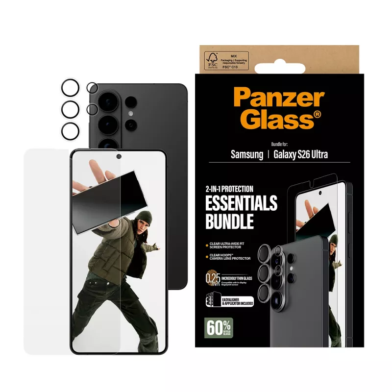 Bildschirmschutz-Bundle PanzerGlass Hoops 2-in-1 für Samsung Galaxy S26 Ultra — gehärtetes Glas + PET, transparent, Ultrabreit-Passform