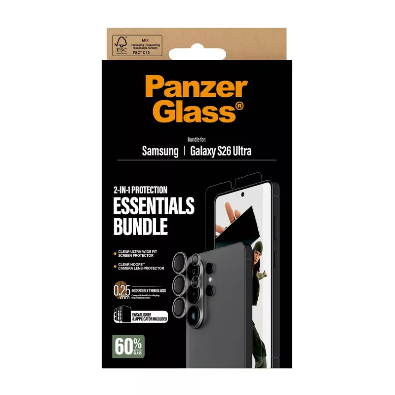 Bildschirmschutz-Bundle PanzerGlass Hoops 2-in-1 für Samsung Galaxy S26 Ultra — gehärtetes Glas + PET, transparent, Ultrabreit-Passform