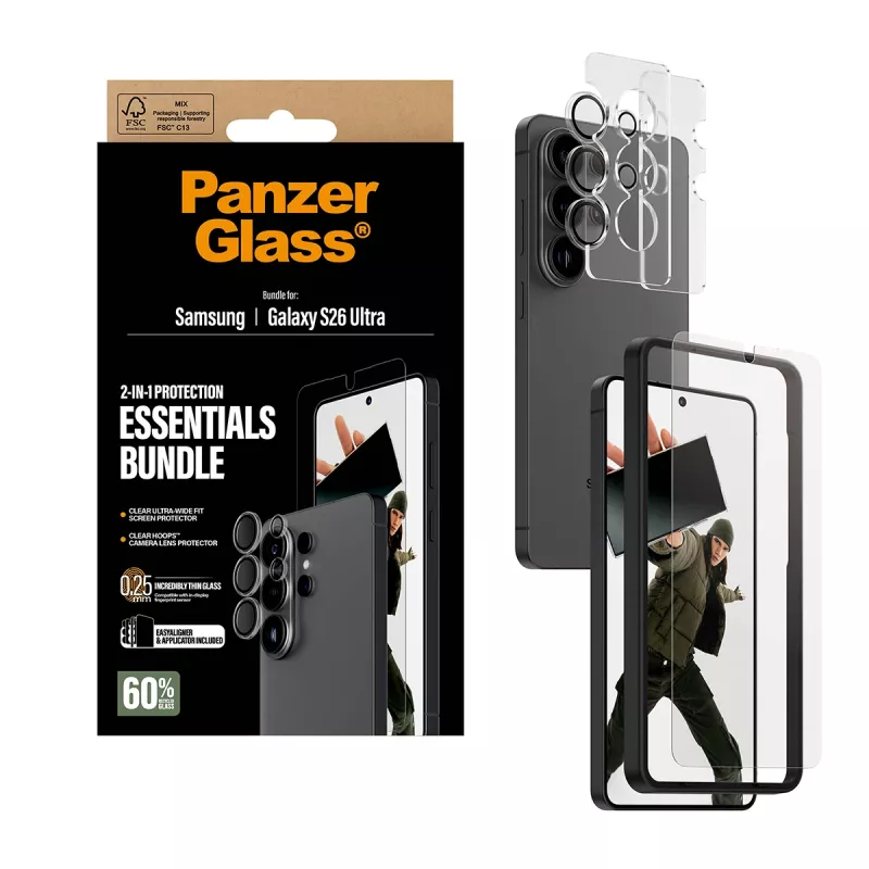 Bildschirmschutz-Bundle PanzerGlass Hoops 2-in-1 für Samsung Galaxy S26 Ultra — gehärtetes Glas + PET, transparent, Ultrabreit-Passform