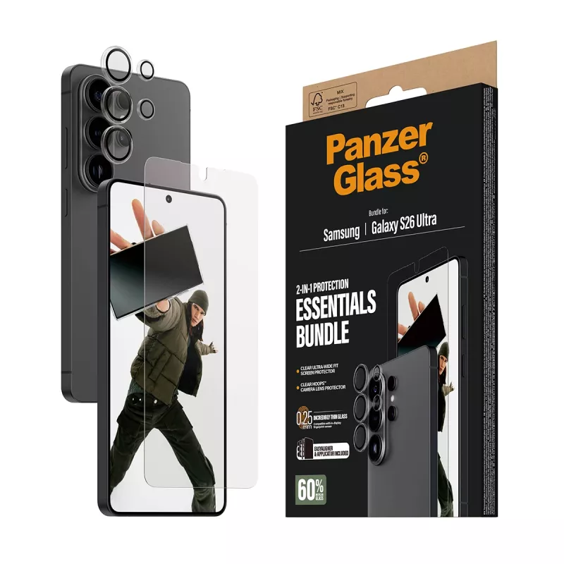 Bildschirmschutz-Bundle PanzerGlass Hoops 2-in-1 für Samsung Galaxy S26 Ultra — gehärtetes Glas + PET, transparent, Ultrabreit-Passform