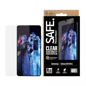 Displayschutz PanzerGlass SAFE für Samsung New Galaxy S 2026 Ultra – Ultra‑Wide Fit, PET + Silikon, EasyAligner, transparent