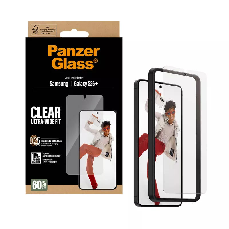 Gehärteter Displayschutz PanzerGlass für Samsung Galaxy S26+ – U-Wide Fit mit EasyAligner