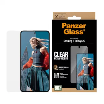 Klare PanzerGlass Displayschutzfolie für Samsung Galaxy S26 – Ultra-Wide Fit, PET + Silikon, Trockenanbringung