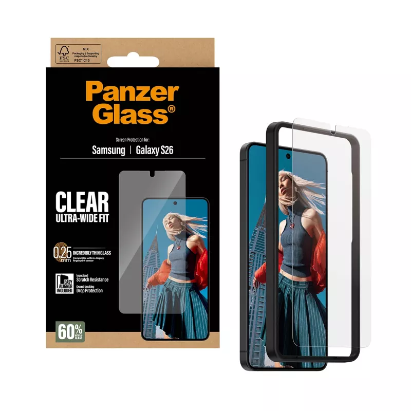 Klare PanzerGlass Displayschutzfolie für Samsung Galaxy S26 – Ultra-Wide Fit, PET + Silikon, Trockenanbringung