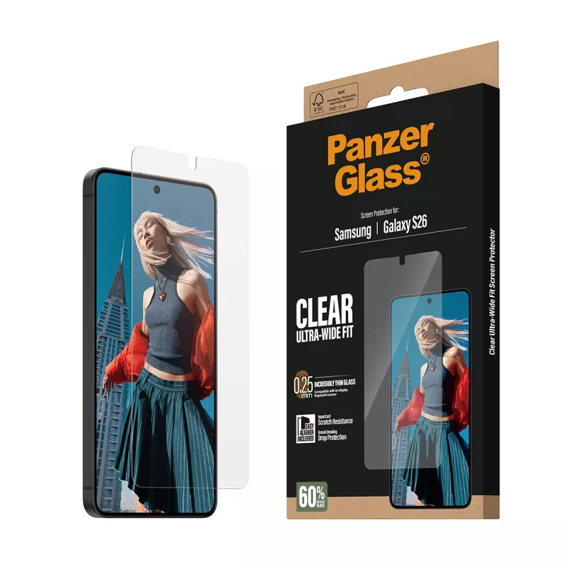 Klare PanzerGlass Displayschutzfolie für Samsung Galaxy S26 – Ultra-Wide Fit, PET + Silikon, Trockenanbringung
