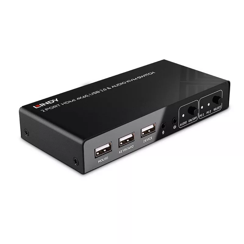 Lindy 2 Port HDMI 4K60, USB 2.0 und Audio KVM Switch, 4096 x 2160 Pixel, 4K Ultra HD, Schwarz