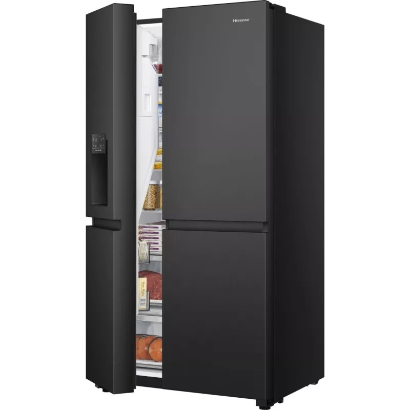 Hisense Side-by-Side-Kühlschrank RS818N4TFE, Freistehend, Amerikanische Tür, Schwarz, Touch, LED, Anzeige an der Tür