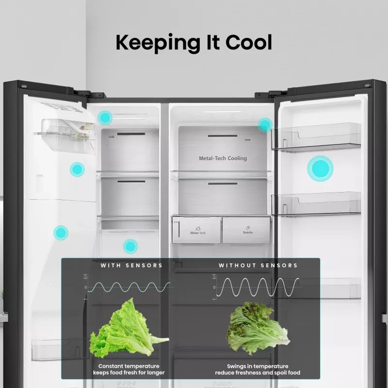 Hisense Side-by-Side-Kühlschrank RS818N4TFE, Freistehend, Amerikanische Tür, Schwarz, Touch, LED, Anzeige an der Tür