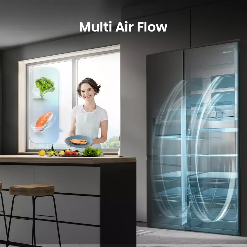 Hisense Side-by-Side-Kühlschrank RS818N4TFE, Freistehend, Amerikanische Tür, Schwarz, Touch, LED, Anzeige an der Tür