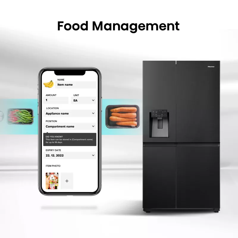 Hisense Side-by-Side-Kühlschrank RS818N4TFE, Freistehend, Amerikanische Tür, Schwarz, Touch, LED, Anzeige an der Tür