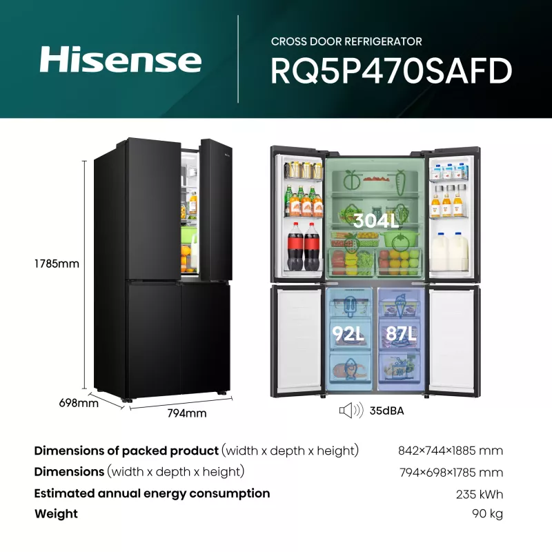 Hisense RQ5P470SAFD Freistehend 483 L Schwarz, Edelstahl
