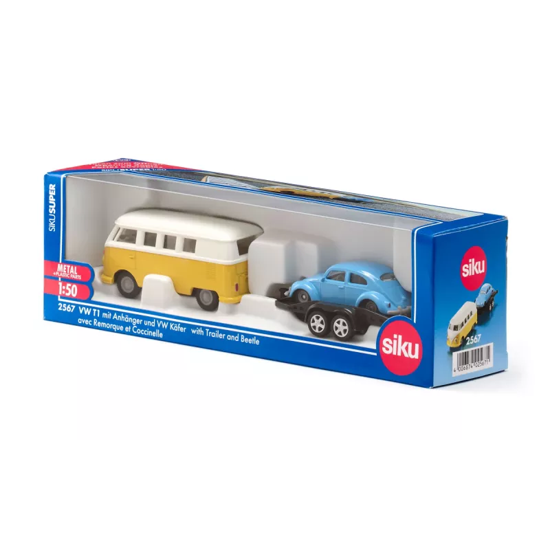 Automodell-Set Siku VW T1 mit Anhänger und VW Käfer, vormontiert 1:50, Größe 42×200×51 mm