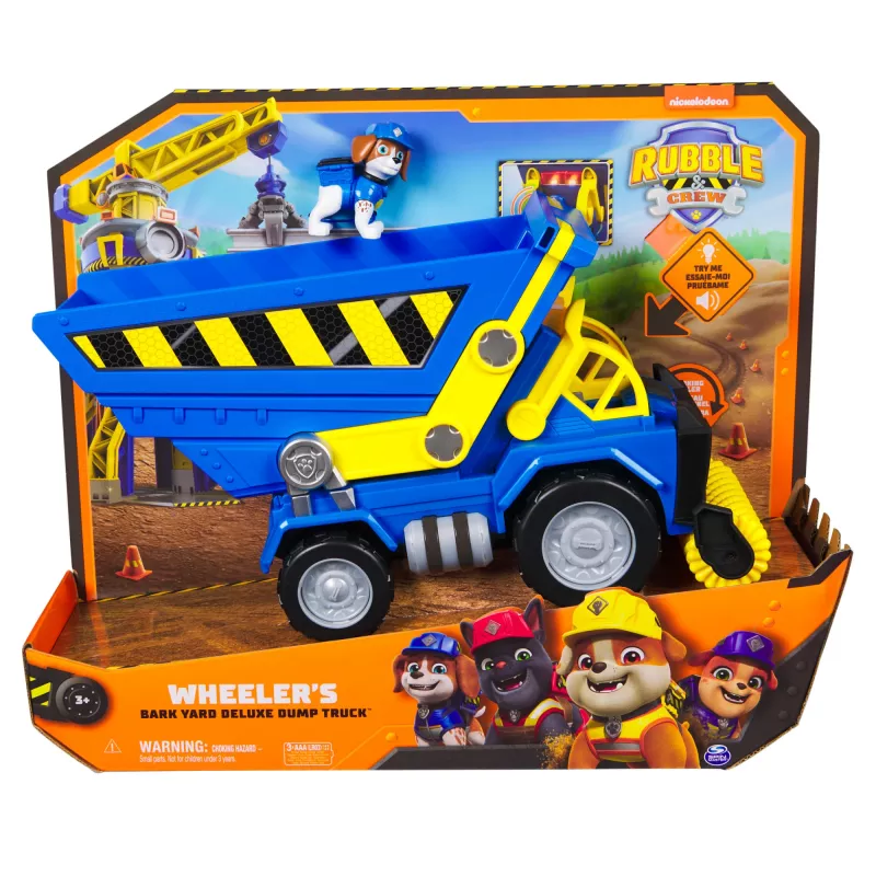 Rubble & Crew, Bark Yard Deluxe Muldenkipper Baufahrzeug mit Lichtern, Geräuschen & Wheeler Action-Figur, Spielzeug für Jungen und Mädchen ab 3 Jahren