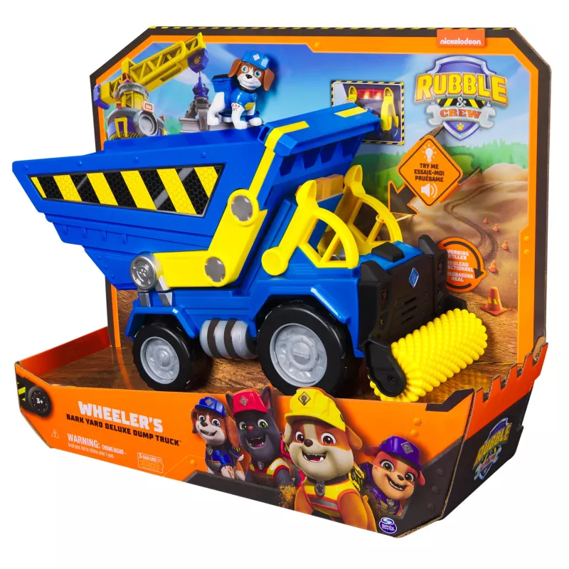 Rubble & Crew, Bark Yard Deluxe Muldenkipper Baufahrzeug mit Lichtern, Geräuschen & Wheeler Action-Figur, Spielzeug für Jungen und Mädchen ab 3 Jahren