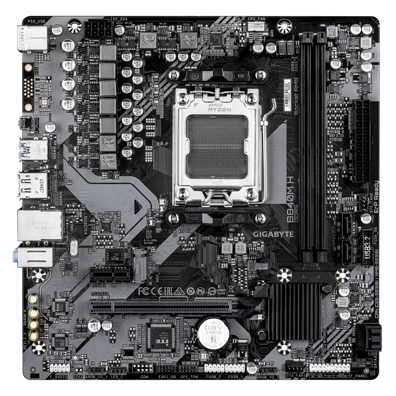 GIGABYTE B840M H Mainboard - AMD Ryzen 9000 CPUs, 5+2+2 Phasen VRM, bis zu 7200 MHz DDR5 (OC), 1xPCIe 4.0 M.2, 1GbE LAN, USB 3.2 Gen 1