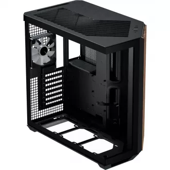 APNX Tower-Gehäuse V1-W-BK-v3 mit zwei Hartglas-Seitenteilen und Holzverkleidung, schwarz
