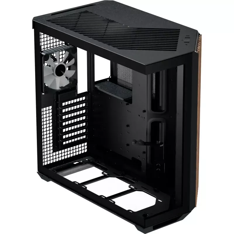 APNX Tower-Gehäuse V1-W-BK-v3 mit zwei Hartglas-Seitenteilen und Holzverkleidung, schwarz