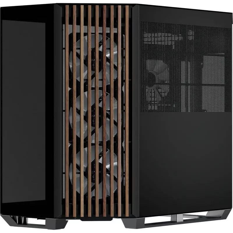 APNX Tower-Gehäuse V1-W-BK-v3 mit zwei Hartglas-Seitenteilen und Holzverkleidung, schwarz