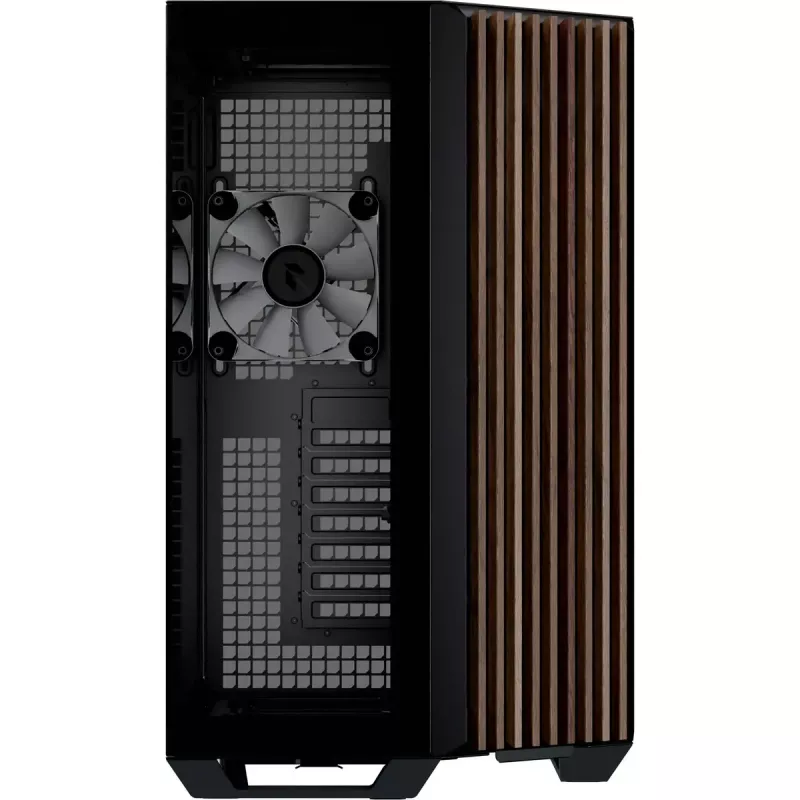 APNX Tower-Gehäuse V1-W-BK-v3 mit zwei Hartglas-Seitenteilen und Holzverkleidung, schwarz