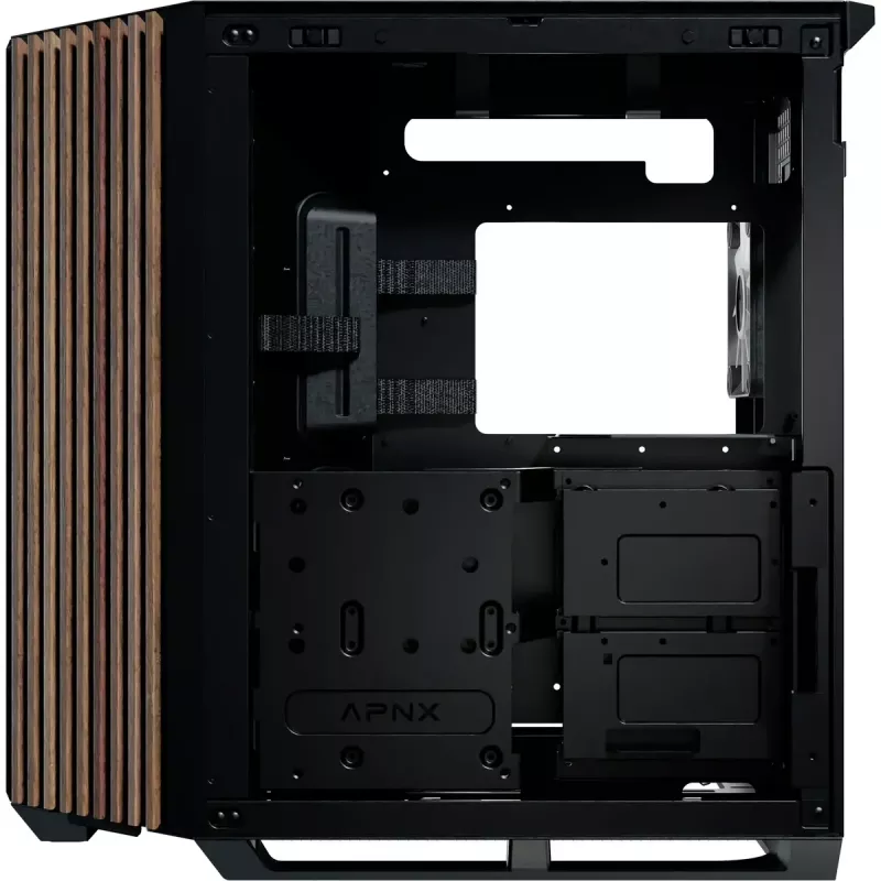 APNX Tower-Gehäuse V1-W-BK-v3 mit zwei Hartglas-Seitenteilen und Holzverkleidung, schwarz