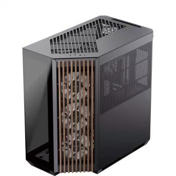 APNX Tower-Gehäuse V1-W-BK-v3 mit zwei Hartglas-Seitenteilen und Holzverkleidung, schwarz