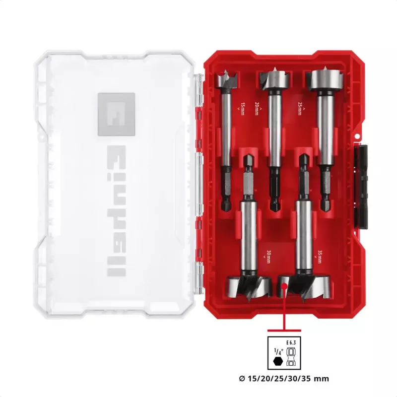 Forstnerbohrer-Set Einhell-KWB 5-tlg., rot/transparent, 1/4 Zoll Schaft, M-CASE (MPN 706003)