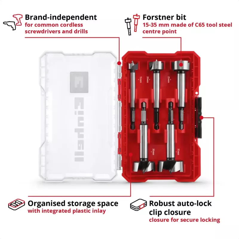 Forstnerbohrer-Set Einhell-KWB 5-tlg., rot/transparent, 1/4 Zoll Schaft, M-CASE (MPN 706003)
