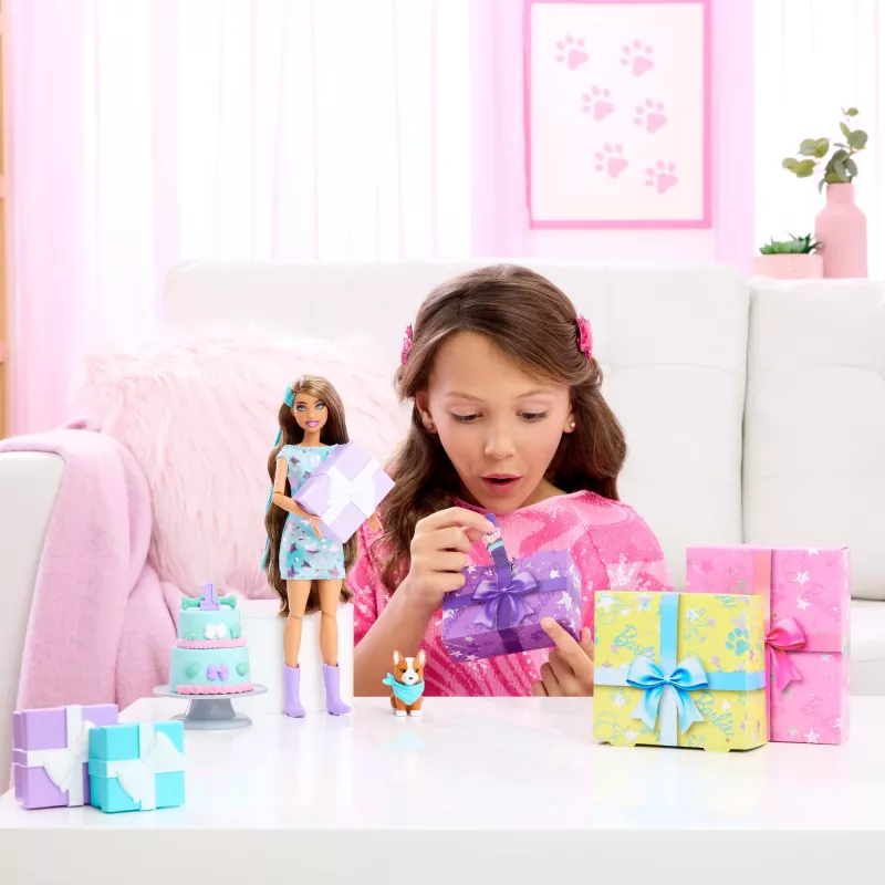 Barbie Party Unboxed Pet Birthday Serie Puppe & Zubehör, Party Stars Set mit 10 Überraschungen