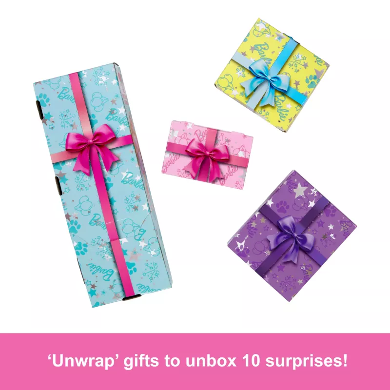 Barbie Party Unboxed Pet Birthday Series Puppe & Zubehör, Geburtstags-Schleifen-Set mit 10 Überraschungen