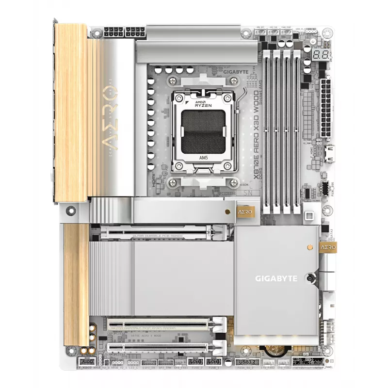GIGABYTE X870E AERO X3D WOOD Motherboard - Unterstützt AMD Ryzen 9000 CPUs, 16+2+2 Phasen Digital VRM, bis zu 9000MHz DDR5 (OC), 2xPCIe 5.0 + 2xPCIe 4.0, Wi-Fi 7, 5GbE LAN, USB 4